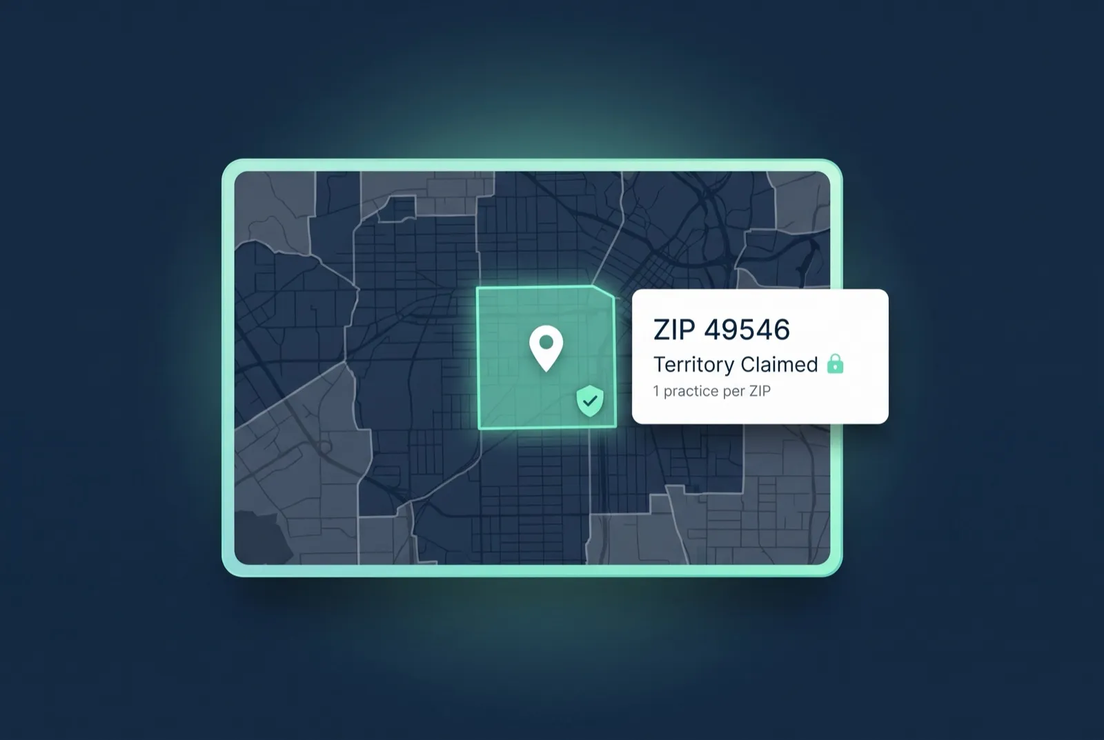 PMAX territory map with ZIP 49546 claimed and locked: one dental practice per ZIP code