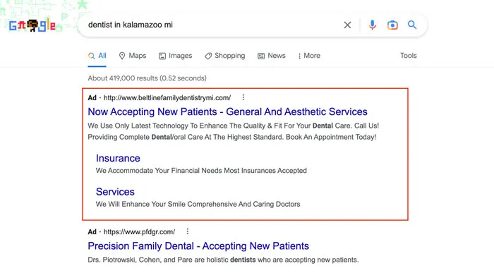 A dental Google Ads campaign dashboard managed by PMAX