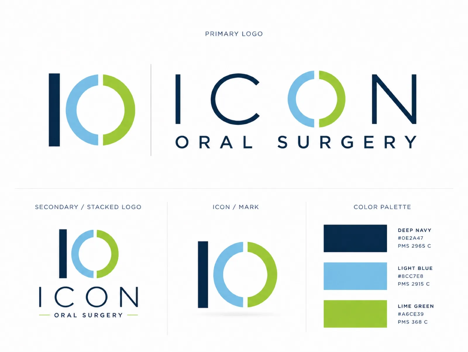 Brand identity board for ICON Oral Surgery designed by PMAX: primary logo, stacked and coin logo marks, and color palette